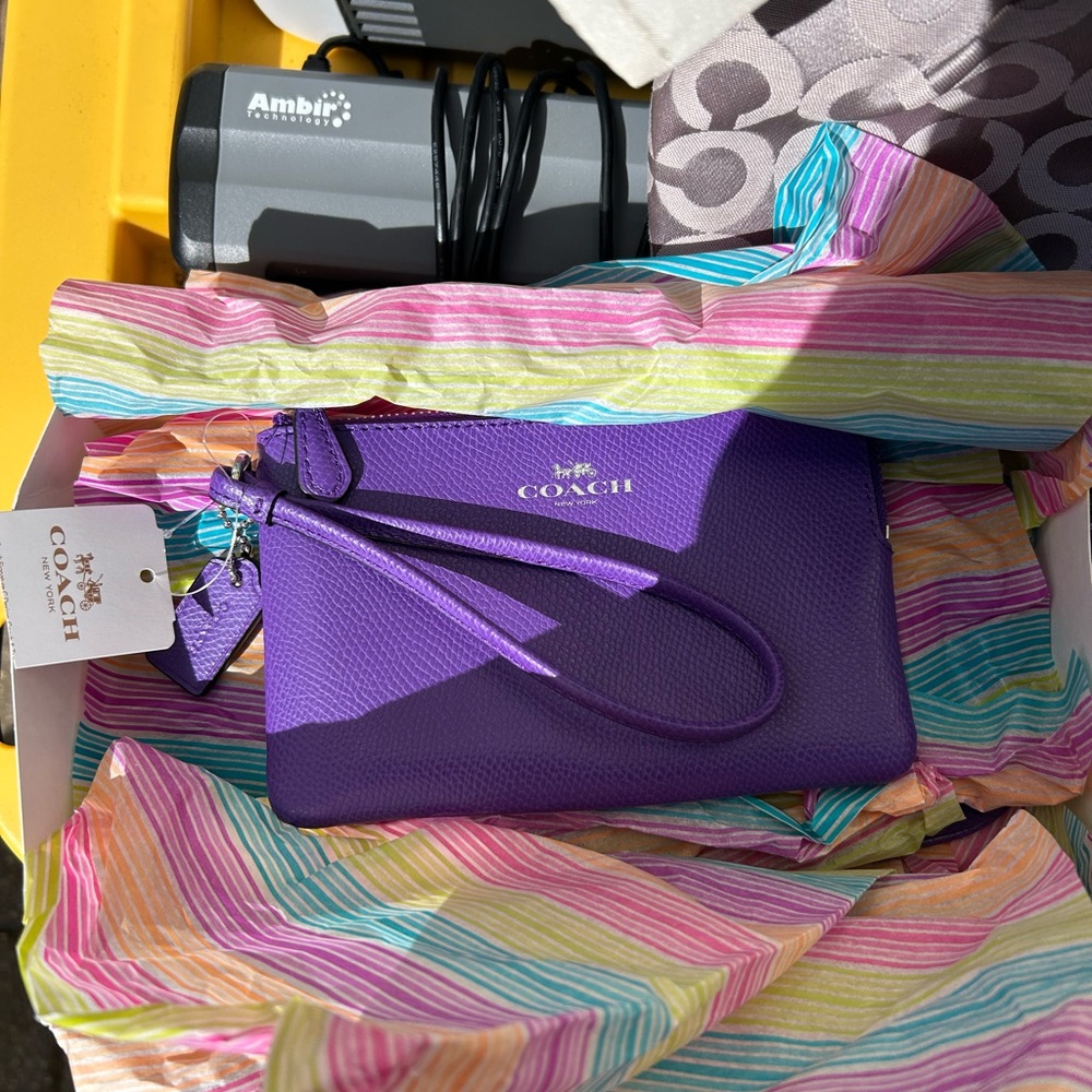 Coach Purple Pebble Leather Wristlet - Picture 1 of 2